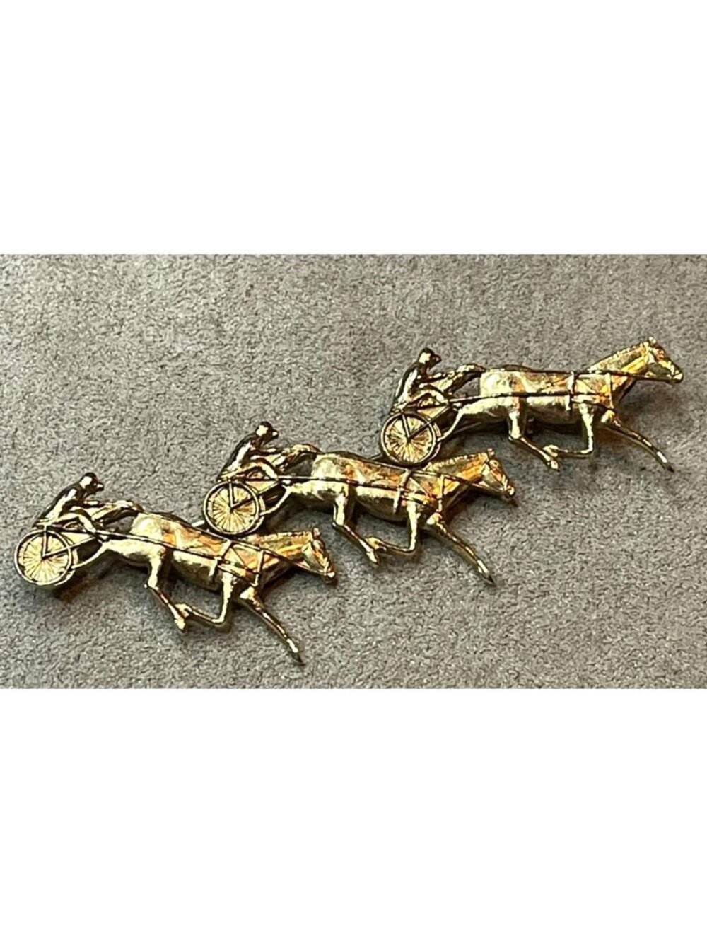 Vintage MCM Gold Toned Trio Horse Harness Racing Brooch